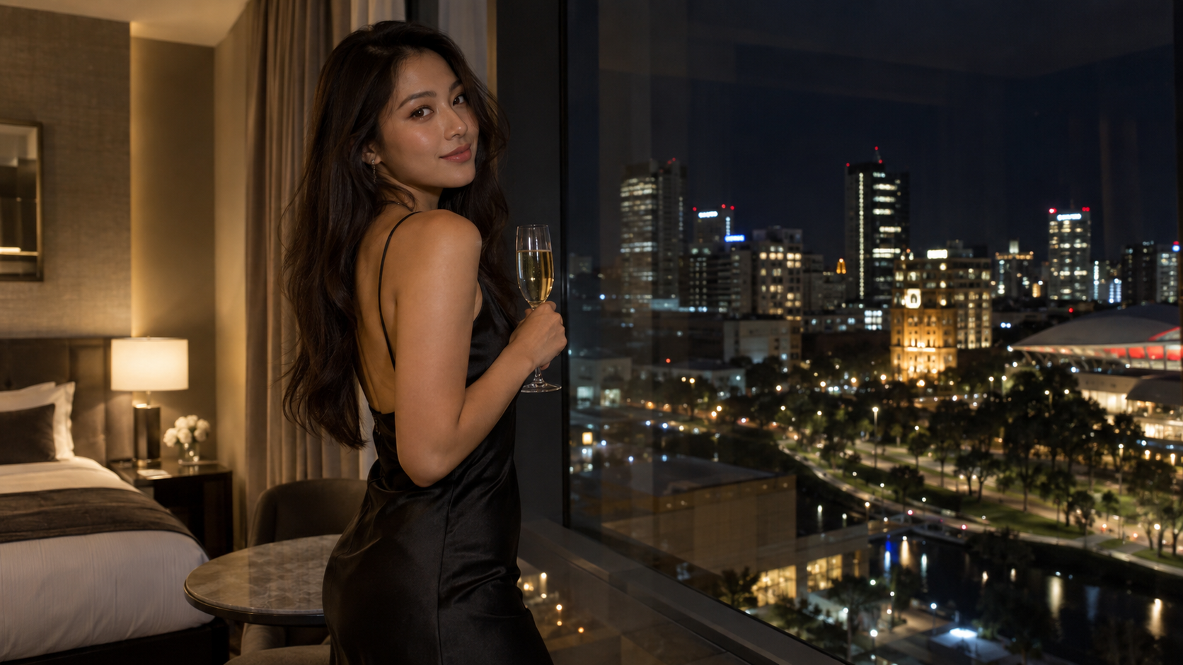 Asian woman beside a luxury hotel window overlooking Adelaide city lights at night